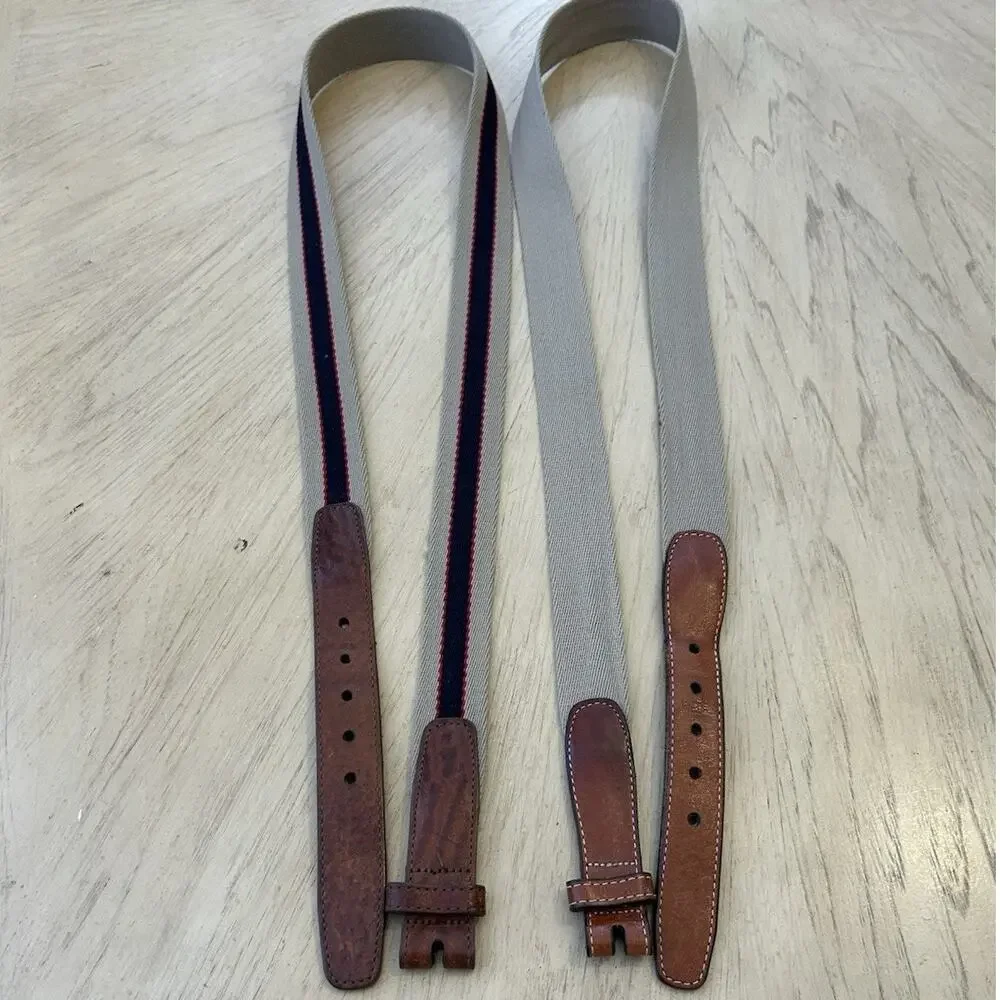 VTG Lands End Belt 42 Preppy Canvas Stripe Blue Leather Tan Y2K USA 506 Lot 2